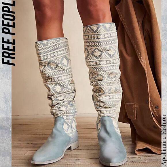 FREE PEOPLE BREN SLOUCH TEXTILE BOOTS LIGHT BLUE IVORY 38.5 NWT - Picture 1 of 8